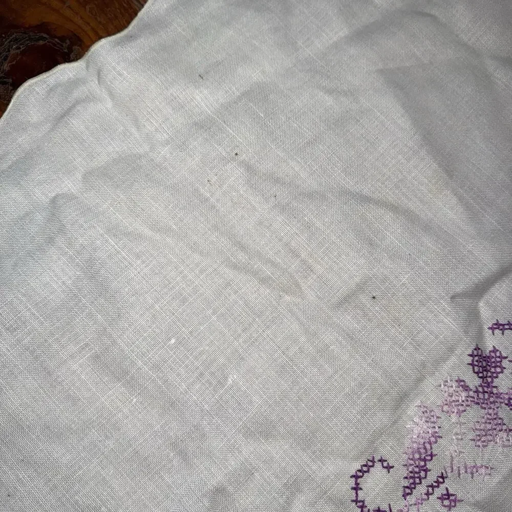 Vintage Linen Tablecloth Cross Stitch Floral Embroidery Purple 65x49